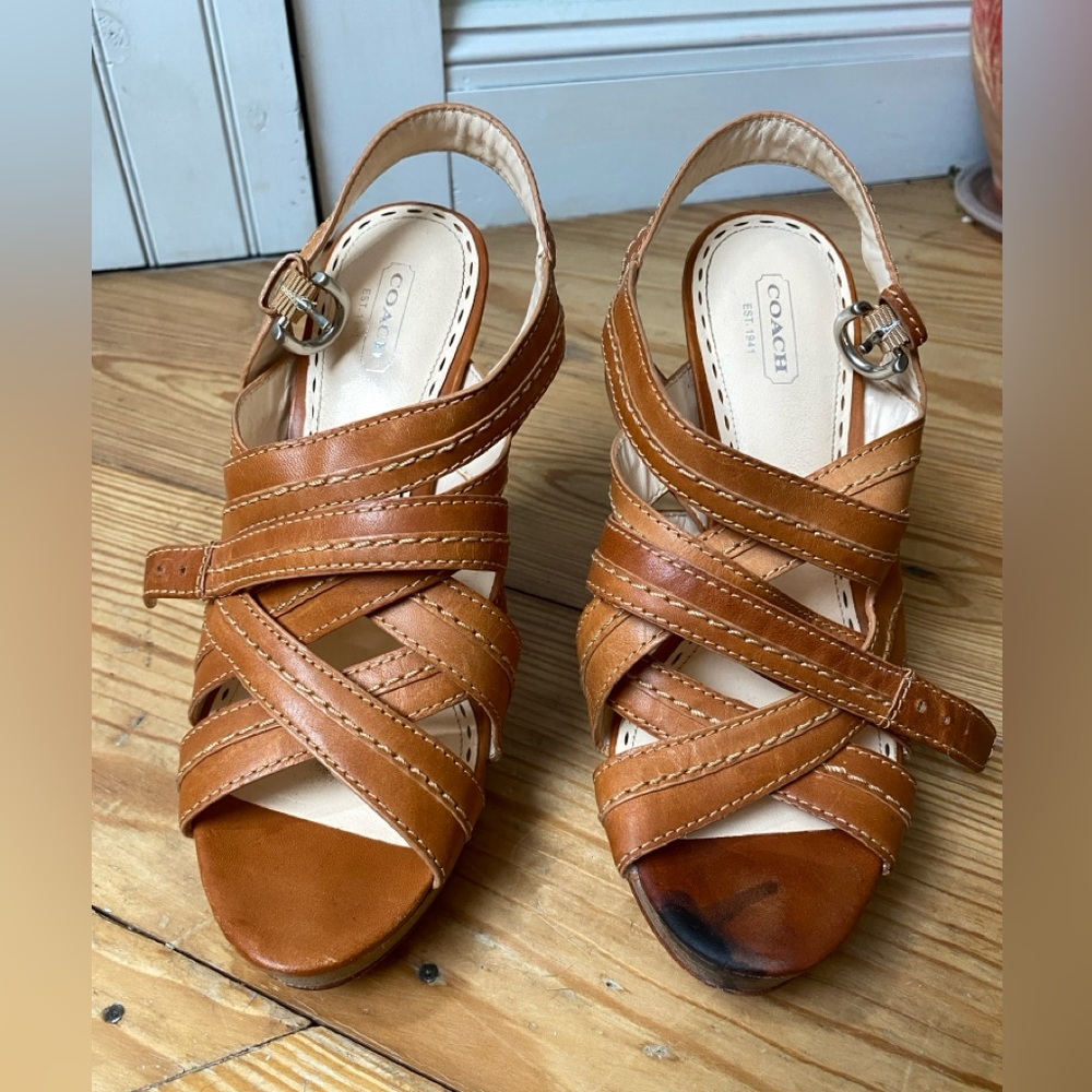 Coach cage strappy gladiator style tan leather heels double ankle strap size 9